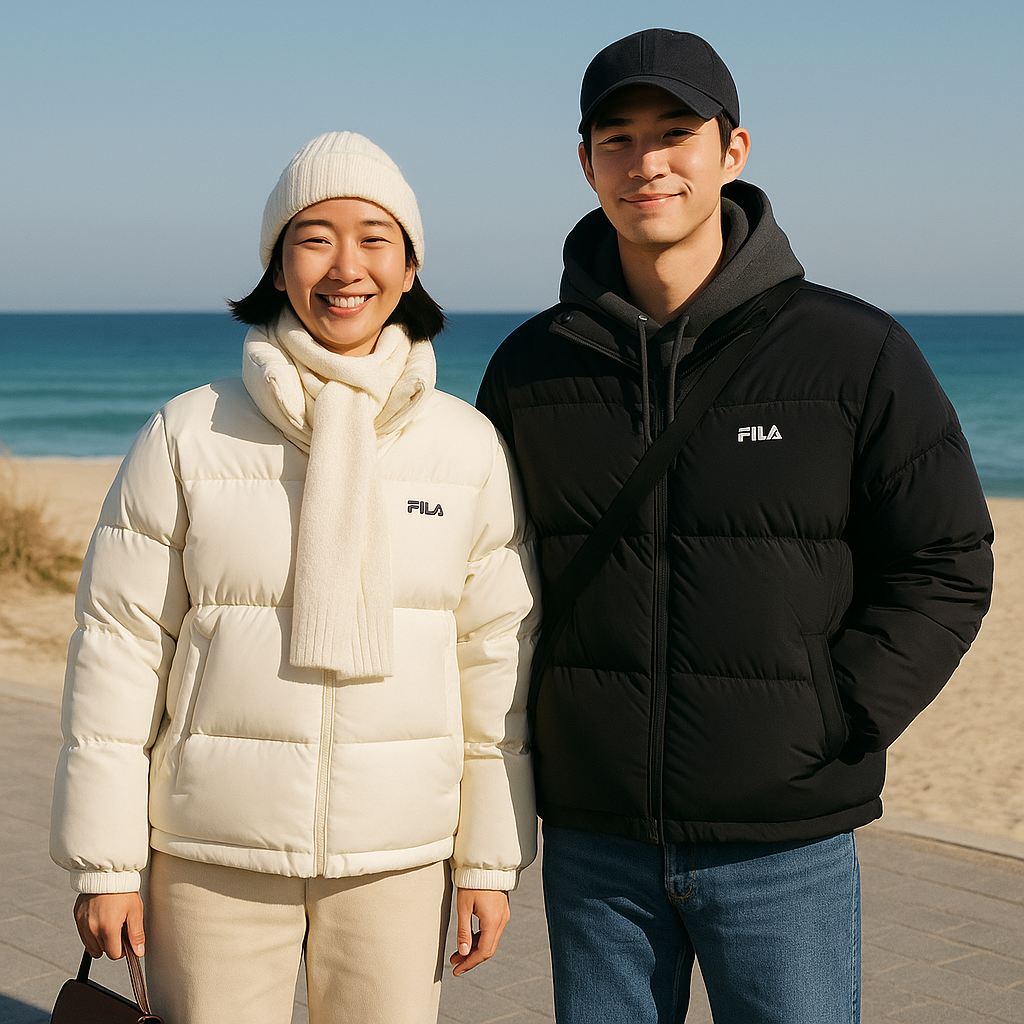 김나영 마이큐 신혼 여행 숏패딩, 강릉 돋보인 휠라 플로우 다운 푸퍼 겨울 데이트룩 코디